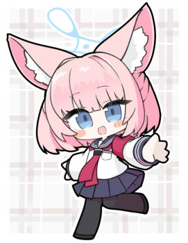 1girl :d animal_ear_fluff animal_ears armband black_pantyhose black_shoes blue_archive blue_eyes blue_sailor_collar blue_skirt blush_stickers chibi fox_ears full_body halo long_sleeves looking_at_viewer miranofuudoria niko_(blue_archive) open_mouth pantyhose pink_hair plaid_background pleated_skirt puffy_long_sleeves puffy_sleeves sailor_collar school_uniform serafuku shirt shoes skirt smile solo standing standing_on_one_leg white_shirt