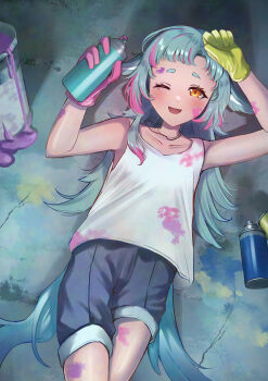 1girl absurdres animal_ears arknights asymmetrical_gloves bird_ears bird_girl bird_tail black_shorts blue_hair blush commentary_request cowboy_shot gloves hands_up highres long_hair looking_at_viewer lying mismatched_gloves multicolored_hair on_back one_eye_closed open_mouth paint_can paint_splatter paint_splatter_on_face pink_gloves pink_streaks shirt shorts smile solo spray_can spray_paint streaked_hair tail tank_top tippi_(arknights) usaroni_(usagi_pen0) white_shirt yellow_eyes yellow_gloves