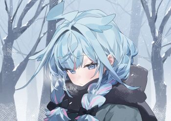 1girl absurdres ahoge black_scarf blue_eyes blue_hair braid highres hololive hololive_dev_is mizumiya_su nel_dcm scarf snow tree twin_braids virtual_youtuber visible_air winter winter_clothes