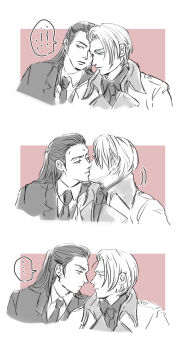 2boys absurdres bindi blonde_hair collar face-to-face final_fantasy final_fantasy_vii final_fantasy_vii_remake formal_clothes highres kiss long_hair looking_at_another looking_to_the_side male_focus monochrome motion_lines multiple_boys necktie profile rufus_shinra short_hair simple_background speech_bubble square_enix suit tseng turks_(ff7) wing_collar yaoi