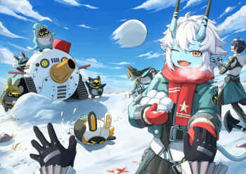 1boy 3girls absurdres agent_gulliver_(zenless_zone_zero) animal_ear_fluff animal_ears aqua_jacket arm_out_of_sleeve asaba_harumasa bangboo_(zenless_zone_zero) black_gloves black_hair black_necktie black_pants blue_horns blue_oni blue_skin blue_sky blue_tail breath clothes_around_waist cloud colored_skin commentary_request earrings eous_(zenless_zone_zero) fangs fingerless_gloves fox_ears fox_girl gauntlets gloves hair_between_horns headband highres holding holding_snowball holding_sword holding_weapon horns hoshimi_miyabi jacket jewelry katana long_hair looking_at_viewer multicolored_horns multiple_girls necktie one_eye_closed oni open_mouth outdoors pants penguinboo_(zenless_zone_zero) pointy_ears pov pov_hands rabbit red_eyes red_gloves red_scarf regit_etihw rock safety_(zenless_zone_zero) scarf sharkboo_(zenless_zone_zero) shirt short_hair single_fingerless_glove single_gauntlet skin-covered_horns sky snow snow_on_head snowball snowball_fight soukaku_(zenless_zone_zero) sword tsukishiro_yanagi two-tone_horns two-tone_tail weapon white_hair white_shirt yellow_headband zenless_zone_zero