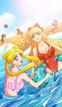 5girls absurdres aino_minako beach bikini bishoujo_senshi_sailor_moon black_hair blonde_hair blue_eyes blue_hair blue_sky breasts brown_hair cleavage highres hino_rei kino_makoto large_breasts lcjapan2034 m medium_breasts mizuno_ami multiple_girls ocean one-piece_bikini sky swimsuit tsukino_usagi