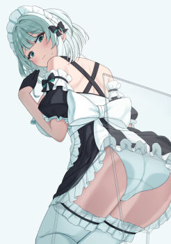 absurdres asigaru3000 ass back_bow black_dress black_gloves bow commentary crotch_seam dress frilled_dress frilled_thighhighs frills from_below gloves grey_eyes grey_hair half-closed_eyes highres looking_at_viewer looking_back maid_headdress original panties puffy_short_sleeves puffy_sleeves short_dress short_hair short_sleeves sitting sweatdrop thighhighs transparent_chair underwear white_bow white_panties white_thighhighs