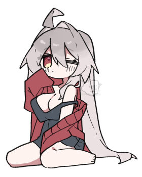 1girl ahoge bare_shoulders barefoot black_dress blush breasts chibi chibi_only cleavage closed_mouth dress full_body grey_hair hair_between_eyes hair_intakes hand_up highres jacket kneeling large_breasts long_hair long_sleeves looking_at_viewer off_shoulder oimotororo1116 one_eye_closed red_eyes red_jacket shirt signature simple_background sleeves_past_fingers sleeves_past_wrists solo strap_slip very_long_hair white_background