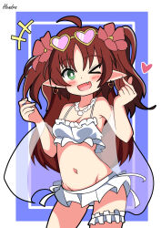 Rule 34 | &gt; o, 1girl, absurdres, ahoge, arknights, bikini, blush, border, breasts, commentary request, cowboy shot, fang, finger heart, flower, frilled bikini, frills, green eyes, hair flower, hair ornament, heart, heart-shaped eyewear, hendra, highres, inset border, looking at viewer, myrtle (arknights), myrtle (summer flowers) (arknights), one eye closed, open mouth, panties, pink-tinted eyewear, pointy ears, purple background, red flower, red hair, signature, simple background, small breasts, smile, solo, swimsuit, thigh strap, tinted eyewear, two side up, underwear, white bikini, white panties