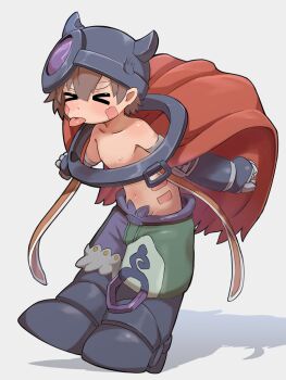 Rule 34 | > <, 1boy, :p, aq gohan, black footwear, boots, brown hair, cape, closed eyes, dark skin, facial mark, fake horns, hair between eyes, helmet, highres, horned helmet, horns, made in abyss, mechanical arms, navel, nipples, red cape, reg (made in abyss), short hair, simple background, tongue, tongue out, topless male, white background