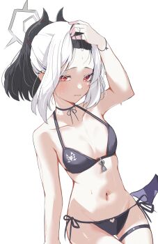 1girl absurdres bangs_pinned_back bikini black_bikini black_hair black_horns blue_archive blush breasts closed_mouth collarbone commentary_request demon_horns ear_piercing furrowed_brow gaohuang43450 groin halo hand_up highres horns kayoko_(blue_archive) looking_at_viewer multicolored_hair navel piercing ponytail purple_wings red_eyes sidelocks simple_background single_wing small_breasts solo standing stomach swimsuit two-tone_hair wet white_background white_hair wings