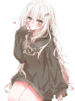 1girl blonde_hair hair_ornament heart heart-shaped_pupils heart_hair_ornament highres hiro_(hirohiro31) hood hood_down hoodie invisible_chair long_hair looking_at_viewer original pink_eyes sitting sleeves_past_wrists smile solo symbol-shaped_pupils white_background