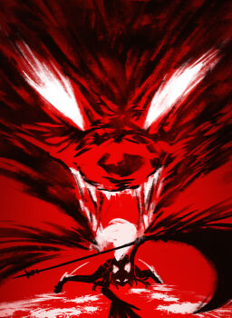 1girl absurdres blood blood_splatter commentary english_commentary fake_horns glowing glowing_eyes glowing_horns highres holding holding_polearm holding_weapon horns lupa_(wuthering_waves) monochrome pla0658 polearm red_theme solo squatting tail weapon wolf wolf_tail wuthering_waves