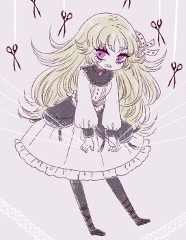 Rule 34 | 1girl, black capelet, black pantyhose, black ribbon, black shoes, blonde hair, brooch, brown corset, buttons, capelet, clenched teeth, collared capelet, commentary, corset, dress, eleanor (ohmyeleanor), eyelashes, frilled capelet, frilled corset, frilled dress, frills, full body, grey background, hair ribbon, jewelry, leaning forward, leg ribbon, lisette (pocket mirror), long hair, long sleeves, looking at viewer, medium dress, pantyhose, parted bangs, pocket mirror, puffy long sleeves, puffy sleeves, puppet strings, purple eyes, ribbon, scared, scissors, shoes, simple background, solo, star (symbol), star print, teeth, very long hair, white dress, white ribbon