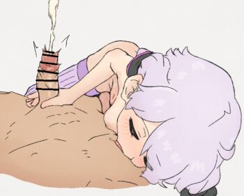 1boy 1girl breasts cleft_of_venus closed_eyes commentary_request cuddling_handjob cum ejaculation from_above grey_background hair_ornament handjob licking_another's_chest medium_breasts nipples nude pectorals pov pov_crotch purple_hair purple_thighhighs pussy ribbed_thighhighs sagami_sagari shockwave simple_background thighhighs vocaloid voiceroid yuzuki_yukari