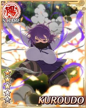 1girl black_mask blue_dress boots border breasts card_(medium) covered_mouth dress english_text explosion explosion_background explosive game_cg gluteal_fold grenade kunai_hair_ornament kuroudo_(senran_kagura) large_breasts long_sleeves mask medium_hair messy_hair mouth_mask non-web_source official_alternate_costume official_art on_one_knee outstretched_arms pantyhose purple_eyes purple_hair school_uniform senran_kagura senran_kagura_new_wave shinozuka_technical_high_school_uniform shirt solo spread_arms striped_clothes striped_pantyhose white_shirt