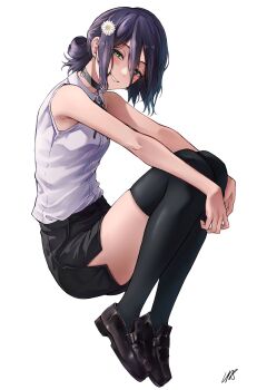 1girl armpits black_choker black_hair black_ribbon black_shoes black_shorts black_thighhighs blush breasts chainsaw_man choker commentary_request full_body green_eyes grenade_pin hair_between_eyes highres lds_(dstwins97) legs_folded loafers long_hair_between_eyes looking_at_viewer looking_to_the_side neck_ribbon partial_commentary reze_(chainsaw_man) ribbon shirt shoes shorts side_slit side_slit_shorts signature simple_background sleeveless sleeveless_shirt small_breasts smile solo thighhighs white_background white_shirt