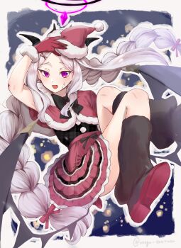 Rule 34 | 1girl, black halo, black thighhighs, blue archive, blush, breasts, christmas, commentary request, demon girl, demon horns, demon wings, halo, hat, highres, hina (blue archive), horns, long hair, looking at viewer, low wings, mogu saurusu, open mouth, purple eyes, santa hat, small breasts, solo, sweat, thighhighs, very long hair, white hair, wings