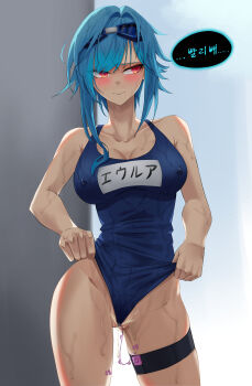 1girl absurdres averting_eyes backlighting bare_shoulders blue-framed_eyewear blue-tinted_eyewear blue_hair blue_one-piece_swimsuit blue_sky blush breasts character_name cleavage closed_mouth clothes_lift clothes_writing collarbone controller covered_erect_nipples cowboy_shot eula_(genshin_impact) eyewear_on_head female_focus frontal_wedgie genshin_impact goggles groin hair_intakes highres japanese_text korean_text large_breasts lifting_own_clothes looking_to_the_side medium_hair mixed-language_text object_insertion one-piece_swimsuit outdoors partially_translated partially_visible_vulva pussy_juice raised_eyebrows red_eyes remote_control remote_control_vibrator self_wedgie sex_toy sky solo speech_bubble standing swimsuit swimsuit_lift talking thigh_strap thighs tinted_eyewear translation_request vaginal vaginal_object_insertion vibrator vibrator_cord vibrator_under_clothes walnut_1477 wedgie wet wet_clothes