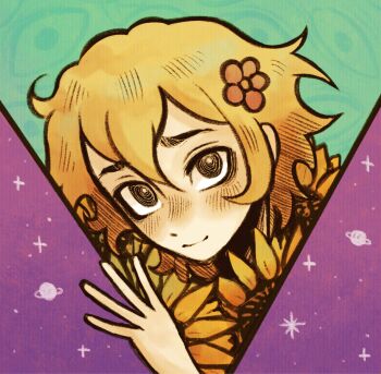 Rule 34 | 1boy, alternate eye color, basil (faraway) (omori), basil (omori), black eyes, blonde hair, blush, closed mouth, commentary, double-parted bangs, english commentary, flower, hair between eyes, hair flower, hair ornament, highres, looking at viewer, male focus, omori, ottie pops, short hair, sidelocks, smile, solo, sunflower, upper body