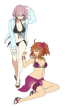 Rule 34 | 2girls, :d, ^ ^, ahoge, alternate costume, arm support, arm up, armpits, bad id, bad pixiv id, bikini, black bikini, black ribbon, blue jacket, bracelet, breasts, cleavage, closed eyes, collar, collarbone, cosplay, derivative work, fang, fate/grand order, fate (series), flower, front-tie bikini top, front-tie top, fujimaru ritsuka (female), full body, groin, hair flower, hair ornament, hair over one eye, halterneck, hand on own thigh, heifetz, highres, jacket, jeanne d'arc (fate), jeanne d'arc (swimsuit archer) (first ascension) (fate), jewelry, large breasts, leaning to the side, long sleeves, mash kyrielight, medium breasts, multiple girls, navel, one side up, open clothes, open jacket, open mouth, orange hair, pink bikini, pink hair, purple eyes, ribbon, sandals, sarong, scathach (fate), scathach (fate/grand order), scathach (swimsuit assassin) (fate), scathach (swimsuit assassin) (fate) (cosplay), short hair, side-tie bikini bottom, simple background, sitting, smile, stamp, stomach, swimsuit, thigh strap, underboob, white background, yokozuwari