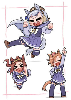 Rule 34 | > <, 3girls, :d, animal ears, arm up, beer hsk, bow, brown hair, brown hat, brown shoes, chibi, clenched hands, closed eyes, commentary request, crown, ear covers, forehead, gold ship (umamusume), grey hair, hat, highres, horse ears, horse girl, horse tail, long sleeves, mini crown, mini hat, multiple girls, open mouth, pleated skirt, ponytail, puffy long sleeves, puffy sleeves, purple shirt, purple skirt, purple thighhighs, sakura bakushin o (umamusume), school uniform, shirt, shoes, skirt, smile, t.m. opera o (umamusume), tail, thighhighs, tracen school uniform, umamusume, white background, white bow, xd