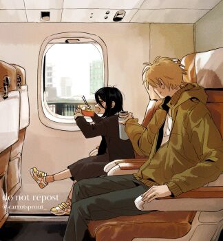 1boy 1girl @_@ artist_name black_dress black_hair blonde_hair bottle carrotsprout chainsaw_man chopsticks denim denji_(chainsaw_man) dress eating eyebrows food giving green_jumpsuit highres indoors jeans jumpsuit kicking_legs long_sleeves medium_hair mole mole_under_eye nayuta_(chainsaw_man) open_mouth pale_skin pants shoes short_hair sitting three-quarter_sleeves sneakers subway sweatdrop train twitter_username water_bottle watermark window yellow_eyes