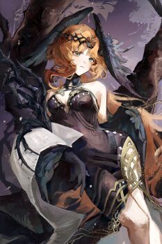 1girl absurdres bare_shoulders black_gloves black_wings breasts closed_mouth crown_of_thorns dress druvis_iii druvis_iii_(shrouded_in_thorns) elbow_gloves feathered_wings feet_out_of_frame gloves green_eyes halter_dress halterneck head_wings highres holding holding_plant long_dress long_hair looking_at_viewer low_wings medium_breasts official_alternate_costume on_branch orange_hair plant purple_background purple_dress reverse:1999 san_sui_dingshang_ya sitting sitting_on_branch sleeveless sleeveless_dress solo very_long_hair wings