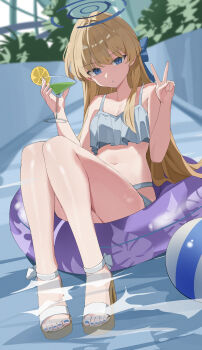 1girl absurdres ball bare_shoulders beachball bikini blonde_hair blue_archive blue_eyes blue_halo blue_nails breasts chinese_commentary cocktail_glass commentary_request cup dddm drinking_glass feet halo highres holding holding_cup innertube lazy_river legs long_hair looking_at_viewer nail_polish navel on_innertube parted_lips sandals solo stomach swim_ring swimsuit toenail_polish toenails toes toki_(blue_archive) v water white_bikini