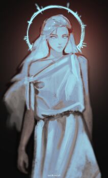 1girl alternate_costume blue_eyes brown_background cowboy_shot dress expressionless final_fantasy final_fantasy_xiv halo halo_behind_head highres long_hair looking_at_viewer single_off_shoulder solo standing venat_(ff14) vignetting voidcrest white_dress white_hair