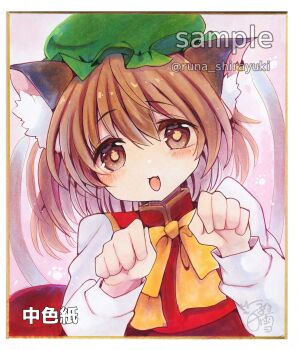 1girl :3 :d animal_ear_fluff animal_ear_piercing animal_ears blush bow bowtie bright_pupils brown_eyes brown_hair cat_ears cat_tail chen commentary_request earrings fang hair_between_eyes hands_up hat highres jewelry long_sleeves looking_at_viewer marker_(medium) medium_hair mob_cap multiple_tails nekomata open_mouth paw_pose puffy_long_sleeves puffy_sleeves red_skirt red_vest shikishi shirayuki_runa signature single_earring skirt skirt_set smile solo tail tareme touhou traditional_media two_tails vest yellow_bow yellow_bowtie