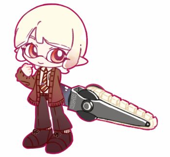 Rule 34 | 1boy, arm behind back, arrow-shaped necktie, black pants, black shoes, brown cardigan, cardigan, chibi, collared shirt, commentary request, dress shirt, hand up, highres, holding, holding weapon, inkling, inoru50078, necktie, nintendo, pants, pointing, pointing at self, red eyes, red necktie, saihate eki, shirt, shoes, simple background, smile, solo, splatana stamper (splatoon), splatoon (series), tatsunami shion, weapon, white background, white hair, white shirt