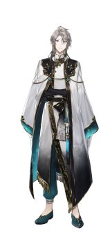 1boy absurdres airm black_gloves black_sash blue_eyes blue_footwear chinese_clothes closed_mouth coat earrings elbow_gloves full_body gloves gold_trim gradient_clothes green_pants grey_hair highres jewelry kaida_haru kaida_haru_(4th_costume) long_sleeves looking_at_viewer multicolored_clothes nijisanji official_art pants print_sash sash second-party_source shoes simple_background sleeves_past_fingers sleeves_past_wrists smile tachi-e virtual_youtuber white_background white_coat