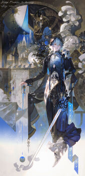 Rule 34 | 1boy, absurdres, animal, armor, blue hair, building, castle, closed mouth, coat, commission, cross, crossed bangs, cup, dated, eteru, eyelashes, feathers, full body, gauntlets, hair between eyes, happy birthday, heterochromia, highres, holding, holding cup, holding sword, holding weapon, horse, lips, long sleeves, male focus, mihuashi commission, original, short hair, sidelocks, solo, star (symbol), statue, sun symbol, sword, water, weapon, white feathers