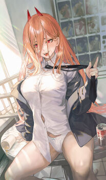1girl black_necktie black_suit can chainsaw_man clothes_grab collared_shirt commentary_request cross-shaped_pupils cup demon_horns drink_can formal_clothes highres horns jacket long_hair maeshima_shigeki necktie necktie_grab neckwear_grab on_table open_clothes open_jacket orange_hair panties power_(chainsaw_man) red_eyes red_horns sharp_teeth shirt sitting sitting_on_table soda_can solo spread_legs suit symbol-shaped_pupils table teeth thighs tongue tongue_out underwear vending_machine white_panties white_shirt