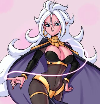 android_21 blue_eyes bodystocking breasts cape cleavage cleft_of_venus cosplay dragon_ball dragon_ball_fighterz earrings gold_earrings highres hoop_earrings jewelry large_breasts loincloth majin_android_21 navel pointy_ears teevo tharja_(fire_emblem)_(cosplay) white_hair