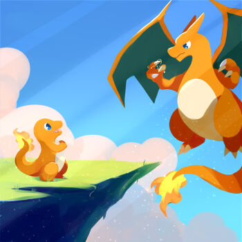 1258265894 blue_eyes blue_sky charizard charmander claws cliff closed_mouth cloud commentary_request evolutionary_line fire flame-tipped_tail gen_1_pokemon highres light_particles nintendo no_humans open_mouth outdoors pokemon pokemon_(creature) sky tail