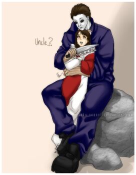 Rule 34 | 1boy, 1girl, 2013, age difference, anko-sensei, artist name, brown hair, clown costume, crying, english text, halloween (movie), jamie lloyd, mashuradi, michael myers, rock, sitting, size difference, uncle and niece