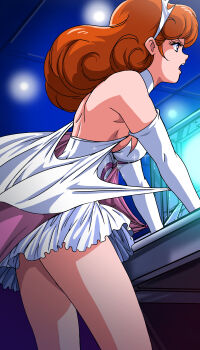 1girl absurdres asano_maki bare_shoulders bell blue_eyes breasts brown_hair cape ceiling_light choker commentary_request cowbell dress elbow_gloves from_below from_side gloves highres indoors masaaki_endo medium_breasts open_mouth pink_cape plawres_sanshirou short_dress sideboob solo standing strapless strapless_dress teeth thighs tiara tile_floor tiles two-sided_cape two-sided_fabric upper_teeth_only v-shaped_eyebrows white_cape white_choker white_dress white_gloves