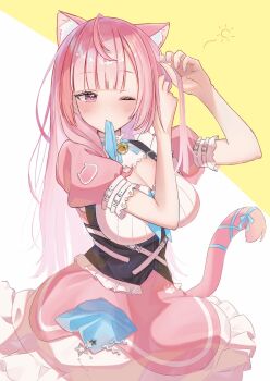 1girl adjusting_hair ahoge animal_ears animal_print arm_belt bell belt blue_ribbon blush breasts cat_ears cat_girl cat_print cat_tail closed_mouth commentary dress eyelashes fingernails hair_ornament highres indie_virtual_youtuber jingle_bell large_breasts long_hair maid momoriron mouth_hold nail_polish neck_bell one_eye_closed paw_print pink_dress pink_eyes pink_hair pink_nails pink_tail ribbon second-party_source short_sleeves solo suspenders tail tail_ornament tail_ribbon two-tone_background unworn_hair_ornament virtual_youtuber white_background white_belt white_dress yellow_background yuuki_sakuna