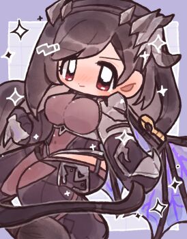 Rule 34 | 1girl, armor, black boots, black gloves, black hair, blush, blym7oym7759061, bodysuit, boots, border, breasts, clenched hand, closed mouth, clothing cutout, commentary request, covered navel, dragon wings, feet out of frame, final fantasy, final fantasy vii, final fantasy vii: ever crisis, gloves, hair ornament, headpiece, highres, hip vent, large breasts, long hair, looking at viewer, official alternate costume, purple border, red eyes, shoulder armor, single wing, solo, sparkle, swept bangs, tail, tifa lockhart, tifa lockhart (bahamut suit), wings