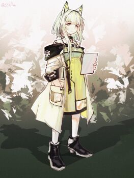 1girl absurdres animal_ear_fluff animal_ears arknights bare_shoulders black_shoes bright_pupils chinese_commentary closed_mouth commentary_request film_grain full_body green_eyes grey_hair hand_in_pocket highres holding kal'tsit_(arknights) looking_at_viewer making-of_available material_growth off_shoulder oripathy_lesion_(arknights) sakuratani_hane shoes short_hair_with_long_locks solo split_mouth standing star_of_life stethoscope stethoscope_around_neck twitter_username white_pupils yellow_eyes