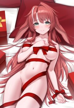 1girl absurdres animal_ears breasts closed_mouth commentary_request commission convenient_censoring cowboy_shot green_eyes highres large_breasts long_hair looking_at_viewer lying mole mole_under_eye navel nikichiho nude on_back on_bed pillow pre_universe red_hair red_pillow red_ribbon ribbon robia_hina second-party_source skeb_commission smile solo stomach underboob very_long_hair virtual_youtuber