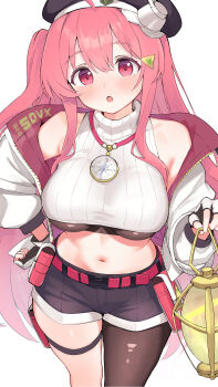 1girl :o absurdres ahoge bare_shoulders belt belt_pouch bemani beret black_hat black_shorts breasts brown_pantyhose commentary_request compass covered_underboob crop_top fingerless_gloves gloves hair_ornament hand_on_own_hip hat highres holding holding_lantern jacket jewelry lantern large_breasts long_hair long_sleeves looking_at_viewer midriff mushpz navel necklace off_shoulder one_side_up open_clothes open_jacket open_mouth pantyhose pink_hair pouch rasis red_eyes ribbed_shirt shirt short_shorts shorts sidelocks simple_background single_leg_pantyhose sleeveless sleeveless_shirt sleeveless_turtleneck solo sound_voltex stomach thigh_strap thighs turtleneck undershirt very_long_hair white_background white_jacket white_shirt