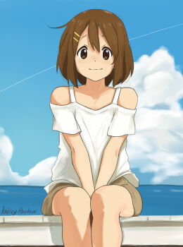 1girl alternate_costume andreypavlow artist_name blue_sky blush brown_eyes brown_hair clothing_cutout cloud collarbone commentary double-parted_bangs feet_out_of_frame grey_shirt hair_between_eyes hair_ornament hairclip highres hirasawa_yui horizon k-on! medium_hair outdoors parallel_hairclips shirt short_shorts short_sleeves shorts shoulder_cutout signature sitting sky smile solo water white_shirt