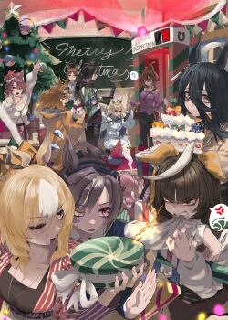 6+girls ? absurdres agnes_digital_(casual)_(umamusume) agnes_digital_(umamusume) agnes_tachyon_(casual)_(umamusume) agnes_tachyon_(umamusume) air_shakur_(casual)_(umamusume) air_shakur_(umamusume) anger_vein angry animal_ears bag believe_(casual)_(umamusume) believe_(umamusume) biting black_hair blonde_hair blue_eyes box brown_hair cake calstone_light_o_(casual)_(umamusume) calstone_light_o_(umamusume) chalkboard christmas christmas_ornaments christmas_tree classroom clenched_teeth commentary_request computer dantsu_flame_(casual)_(umamusume) dantsu_flame_(umamusume) durandal_(casual)_(umamusume) durandal_(umamusume) ear_covers ears_down english_text face_down fine_motion_(casual)_(umamusume) fine_motion_(umamusume) food ghost gift gift_box giving_up_the_ghost grey_hair hair_between_eyes handheld_metal_detector hat highres holding holding_box holding_gift holding_laptop horse_ears horse_girl horse_tail indoors jacket jewelry jungle_pocket_(casual)_(umamusume) jungle_pocket_(umamusume) laptop long_hair long_hair_between_eyes long_sleeves looking_at_another looking_at_viewer lying manhattan_cafe_(casual)_(umamusume) manhattan_cafe_(umamusume) merry_christmas multiple_girls neo_universe_(casual)_(umamusume) neo_universe_(umamusume) official_alternate_costume on_stomach one_eye_closed pants pendant pink_eyes pink_hair rinka_(tonariuta) santa_hat security_checkpoint shirt shoulder_bag single_ear_cover skirt spoken_anger_vein spoken_object spoken_question_mark standing tail teeth umamusume unconscious walkthrough_metal_detector watermark white_hair yellow_eyes