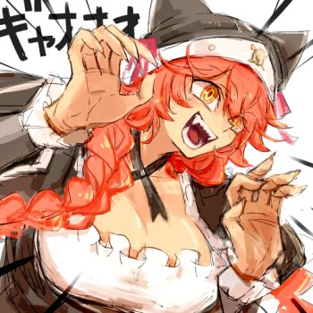 1girl breasts claws cleavage dark-skinned_female dark_skin fangs female_focus hat lowres lupusregina_beta maid notoro open_mouth overlord_(maruyama) red_hair sharp_nails solo yellow_eyes