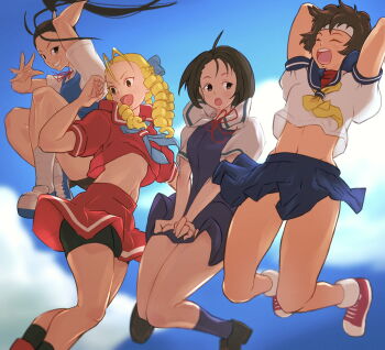 Rule 34 | 4girls, ^ ^, bike shorts, bike shorts under skirt, black footwear, black shorts, blonde hair, blue dress, blue neckerchief, blue sailor collar, blue skirt, blue socks, brown hair, closed eyes, cloud, cloudy sky, dress, drill hair, highres, ibuki (street fighter), jumping, justice gakuen, kanzuki karin, kasugano sakura, kazama akira, loafers, long hair, looking at viewer, midriff peek, motoyui, multiple girls, navel, neck ribbon, neckerchief, open mouth, pinafore dress, ponytail, red footwear, red ribbon, red shirt, red skirt, ribbon, sailor collar, school uniform, serafuku, shirt, shoes, short hair, shorts, skirt, sky, sleeveless, sleeveless dress, sneakers, socks, street fighter, teeth, upper teeth only, white shirt, yellow neckerchief, yuenibushi