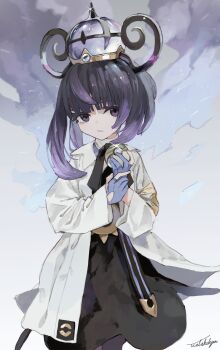 1girl belt black_dress black_hair blunt_bangs coat dress gwynn_(pokemon) hat highres holding holding_poke_ball nest_ball nintendo o-ring o-ring_belt open_clothes open_coat poke_ball pokemon pokemon_legends:_z-a purple_eyes purple_hair short_hair solo watakokyu white_coat