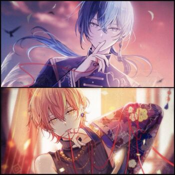 2boys aoyagi_touya bare_shoulders bird crescent earrings finger_to_mouth ggmimigi grey_eyes hand_up highres jewelry long_sleeves mole mole_under_eye multicolored_hair multiple_boys orange_hair project_sekai shinonome_akito shushing split_screen string string_of_fate