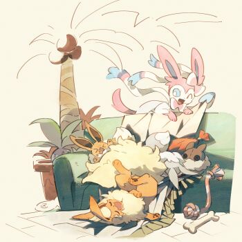 ;d absurdres blue_eyes bone bright_pupils commentary couch eevee fang flareon gen_1_pokemon gen_6_pokemon highres lanjiujiu nintendo no_humans oddish one_eye_closed open_mouth pokemon pokemon_(creature) pokemon_focus smile sylveon symbol-only_commentary white_pupils