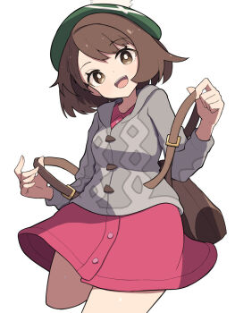 1girl :d brown_bag brown_eyes brown_hair cardigan commentary_request dress gloria_(pokemon) green_hat grey_cardigan hat hiyoshipow long_sleeves looking_at_viewer nintendo open_mouth pink_dress pokemon pokemon_swsh short_hair smile solo teeth upper_teeth_only white_background