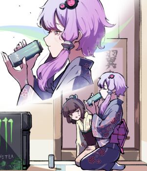 2girls brown_hair can closed_eyes drink_can drinking japanese_clothes kimono monster_energy multiple_girls orange_eyes ponytail purple_eyes seiza short_hair short_hair_with_long_locks sitting teckinder touhoku_kiritan triangle_mouth voiceroid yuzuki_yukari