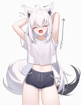 Rule 34 | 1girl, absurdres, animal ear piercing, animal ears, arms behind head, arms up, black shorts, braid, breasts, closed eyes, collarbone, commentary, cowboy shot, dolphin shorts, double-parted bangs, facing viewer, fox ears, fox girl, fox tail, hair between eyes, highres, hololive, long hair, low ponytail, medium breasts, midriff, navel, open mouth, pentagram, ponytail, see-through silhouette, shirakami fubuki, shirt, short shorts, shorts, shuvi (shuvi1125), side braid, simple background, solo, t-shirt, tail, virtual youtuber, white background, white hair
